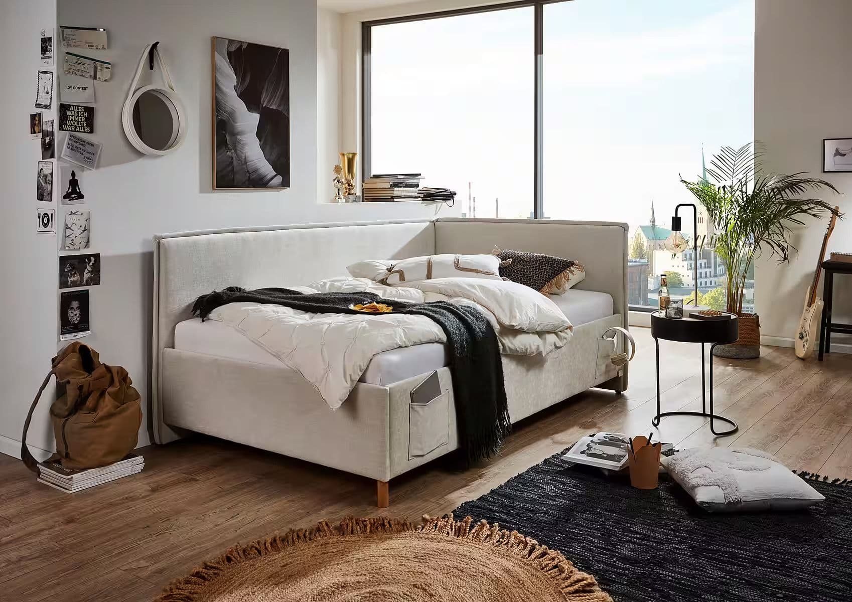Boxspring tip divan 90×200 cm, cu lada de depozitare, USB charger, culoare crem, material țesătură