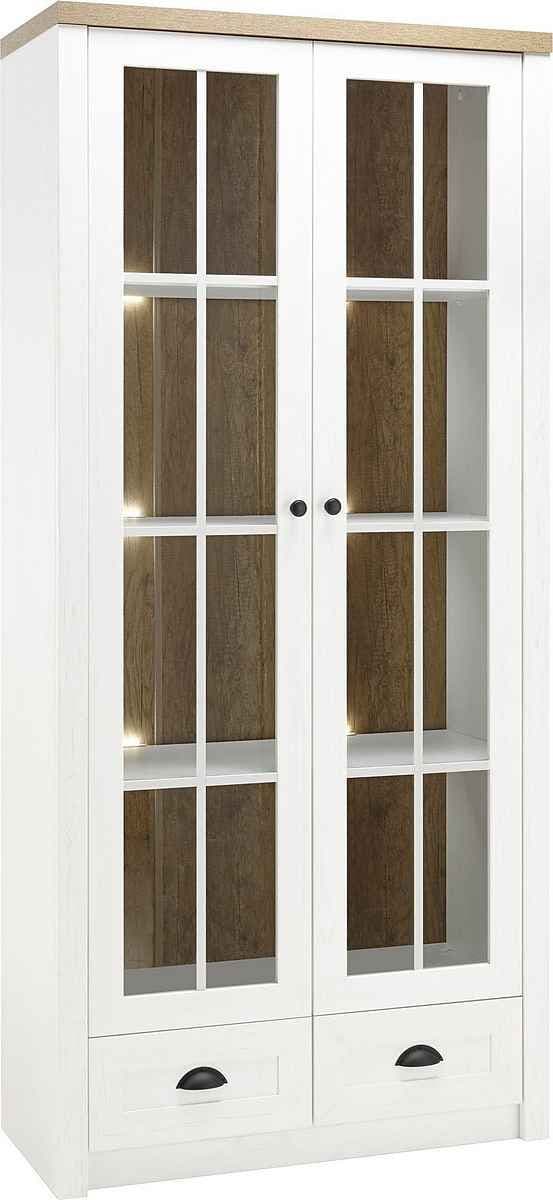 Vitrină 90 cm lățime, culoare alb-maro, 198 cm înălțime, design modern și spațios pentru depozitare și expunere