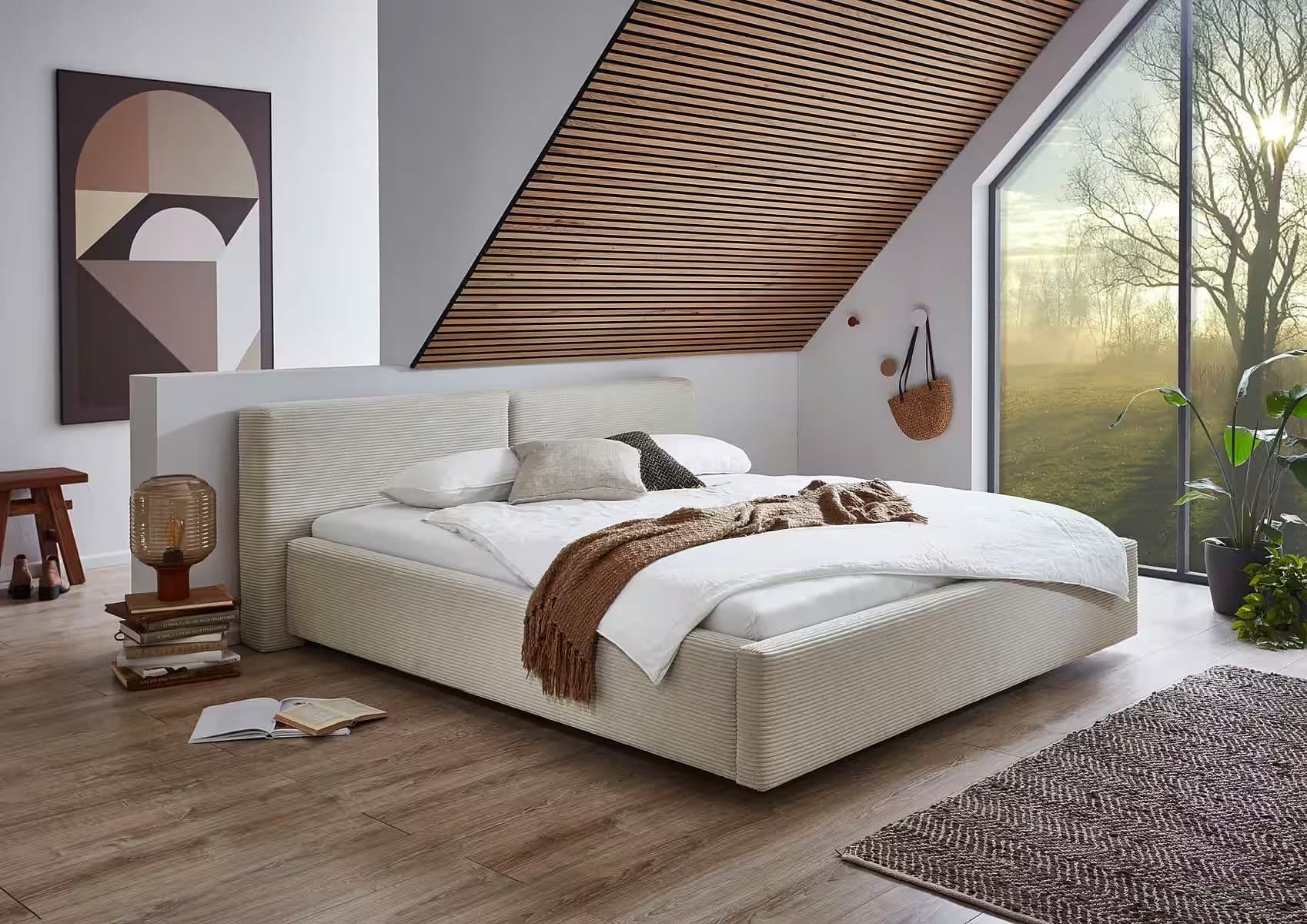 Boxspring 180×200 cm( lada de depozitare și saltele ), material velur catifelat, culoare crem