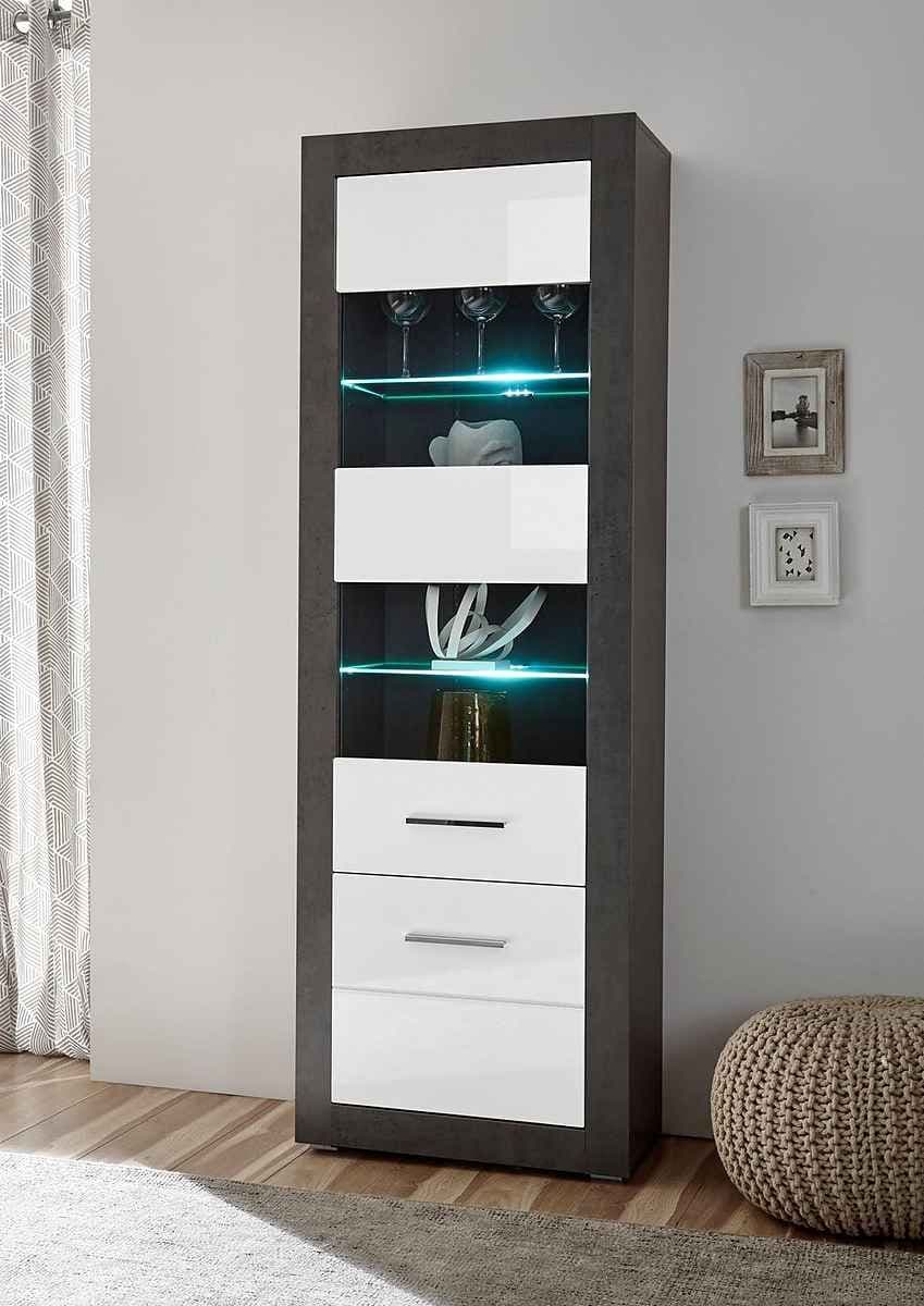Vitrină modernă 198 cm, culoare alb-negru, 2 uși și 4 rafturi, compartiment generos pentru depozitare și expunere, design înalt și elegant pentru living