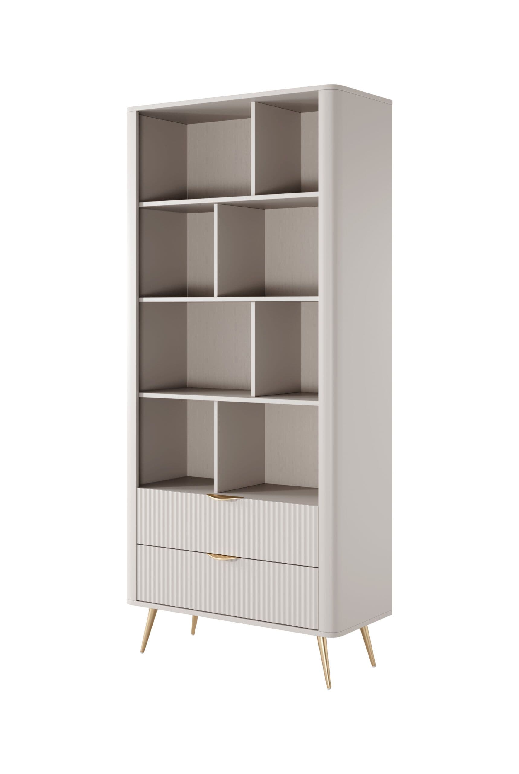 Bibliotecă living modernă 193 cm cu rafturi și spații de depozitare, MDF și PAL, finisaj beige, picioare metalice SERENA