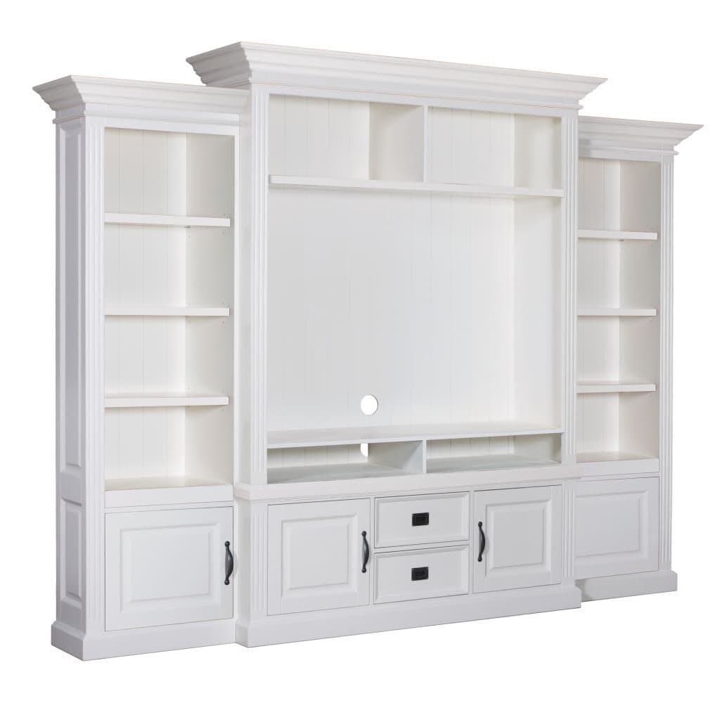 Biblioteca Lovely cu spatiu TV si DVD, lemn masiv si mdf alb, 286 x 38/48 x 220 cm