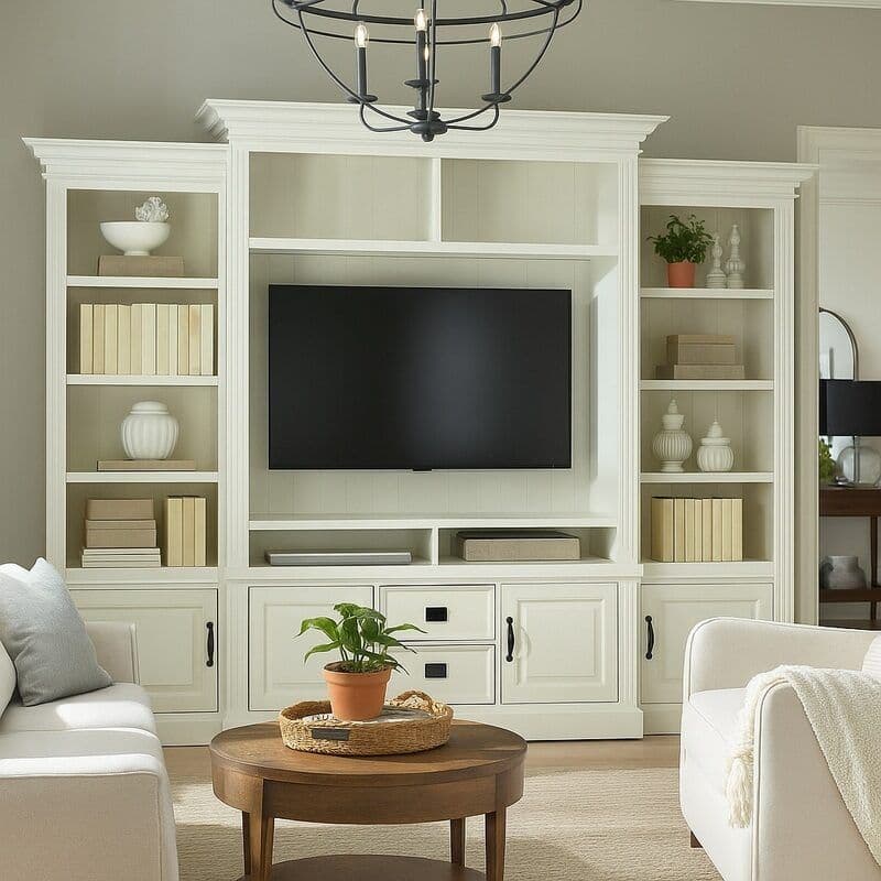 Biblioteca Lovely cu spatiu TV si DVD, lemn masiv si mdf alb, 326 x 38/48 x 220 cm