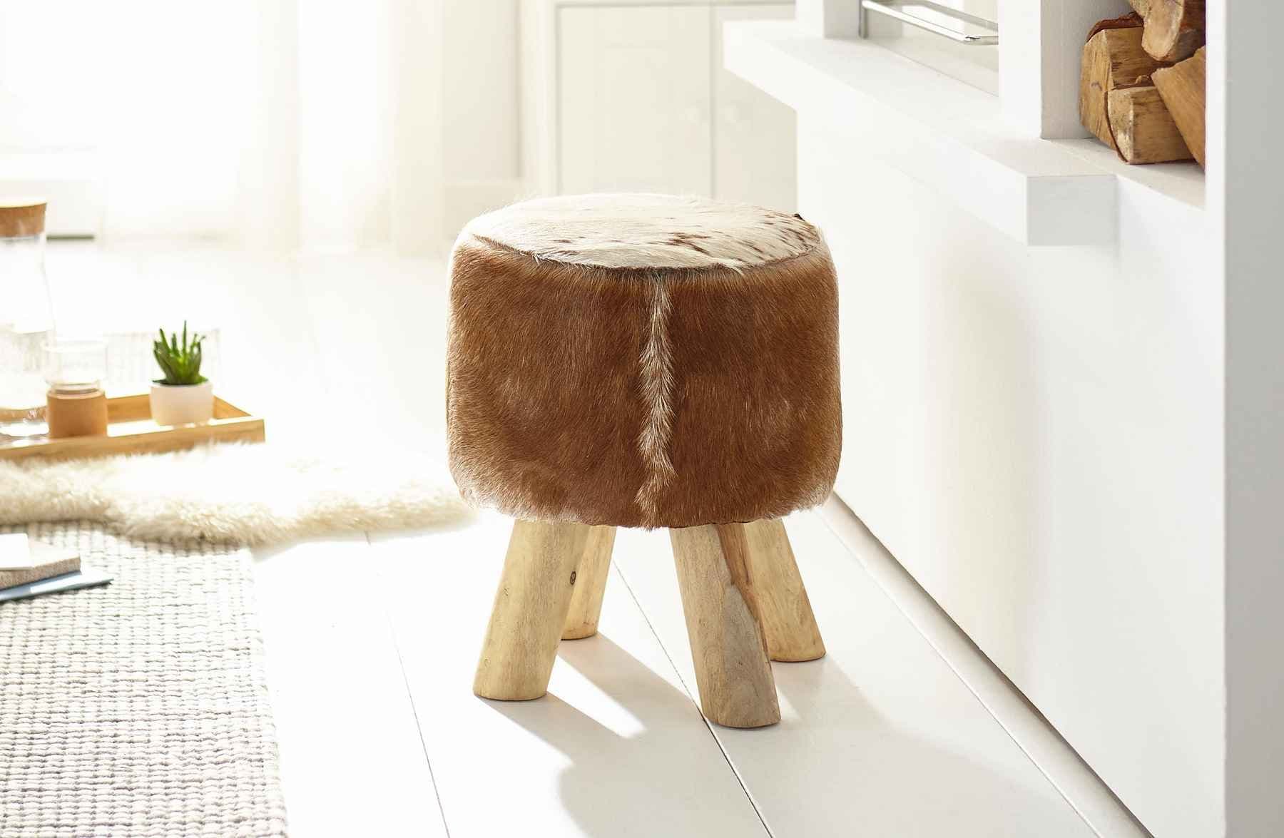 Taburet 32 cm, piele naturală de vacă, culoare maro, picioare înalte, design compact și elegant, 50 cm înălțime