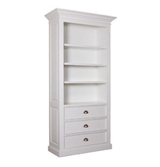 Biblioteca Lovely alba lemn masiv si mdf, 3 sertare, 110 x 48 x 220 cm
