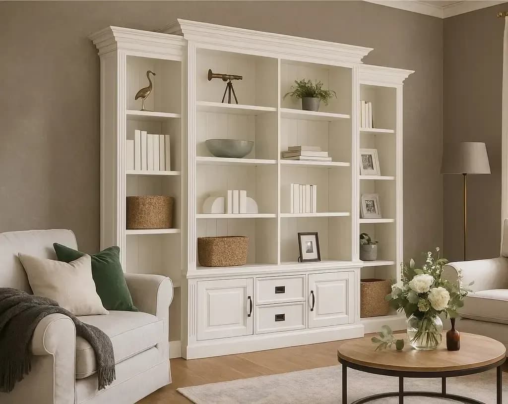 Biblioteca Lovely alba lemn masiv + mdf, 326 x 38/48 x 220 cm