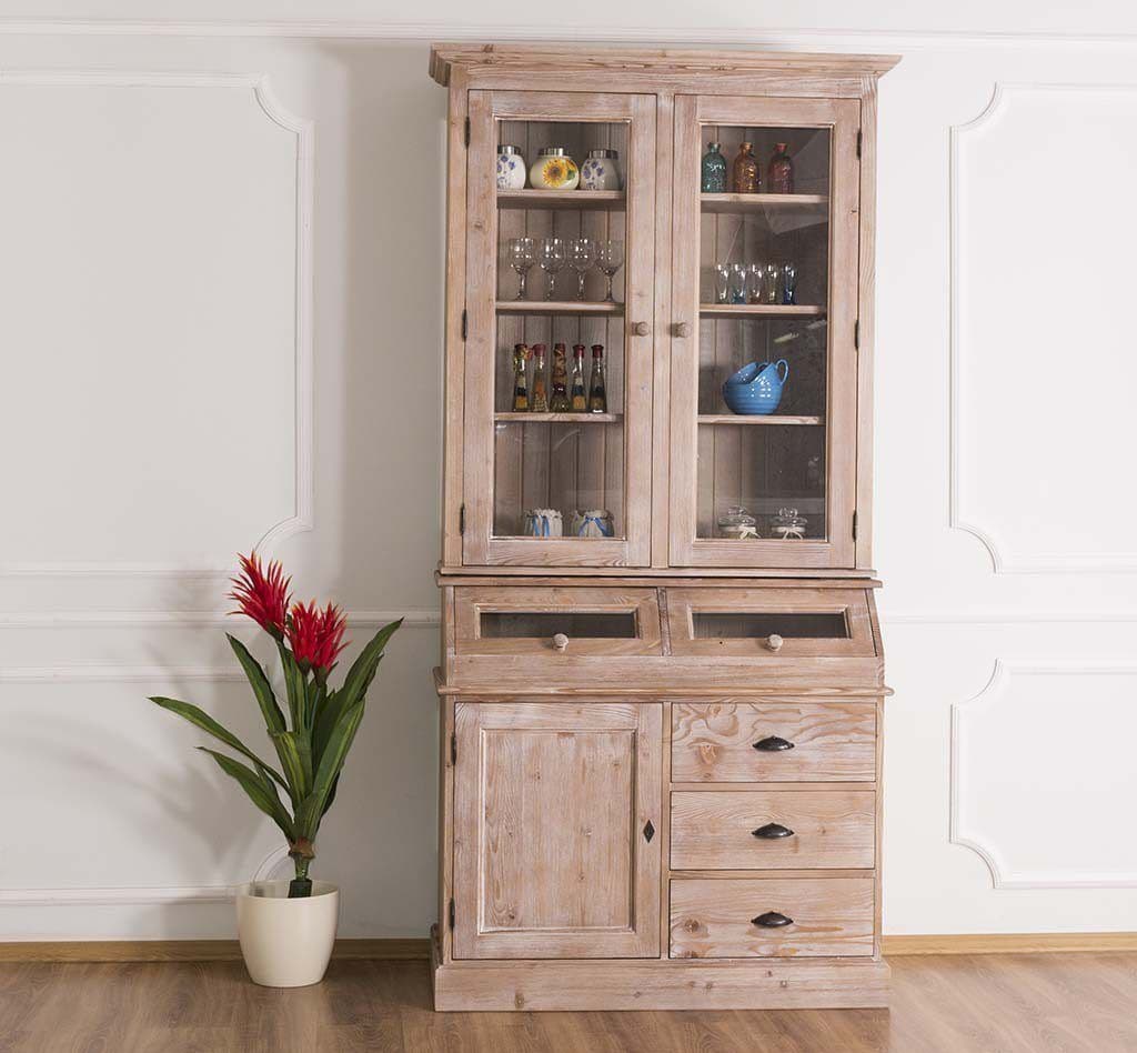 Bufet bucatarie lemn masiv cu vitrina, 112 x 50 x 226 cm