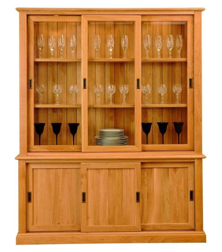 Bufet cu vitrina Verona lemn masiv stejar, 6 uși culisante, polițe și părțile laterale lemn 154 x 43.5 x 190 cm