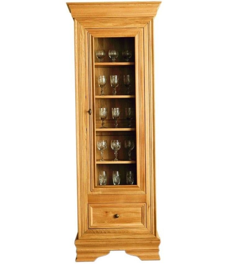 Vitrina ingusta Chancellor lemn masiv stejar, polițe lemn, cu lumini, 1 ușă și 1 sertar, 73 x 44 x 201 cm