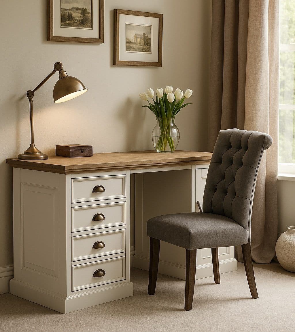 Birou Lovely Oak cu 1 usa si 4 sertare, lemn masiv si mdf, 160 x 70 x 78 cm