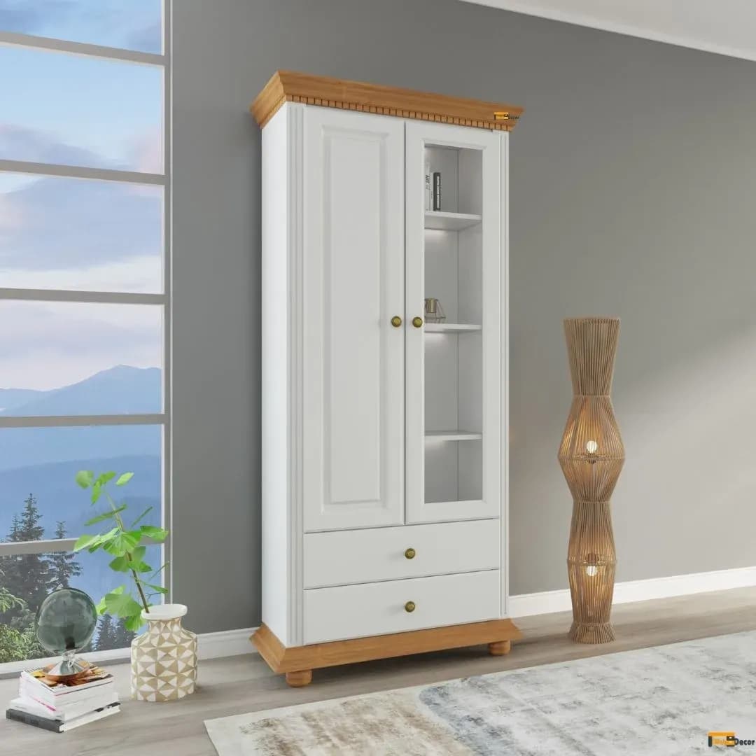 Vitrina Regal lemn masiv, Alb/Stejar, 88 x 43.3 x 203cm