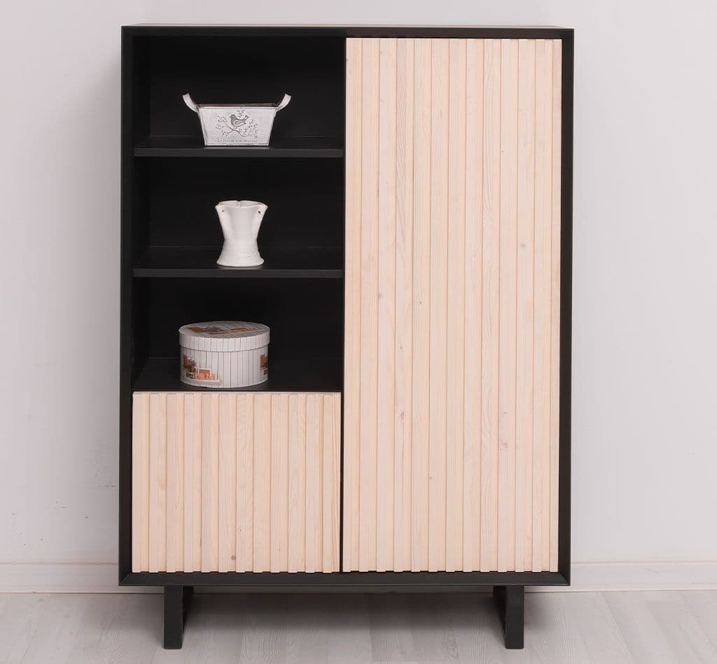 Bufet living Pianno cu 2 usi lemn masiv + mdf negru, 101 x 40 x 140 cm