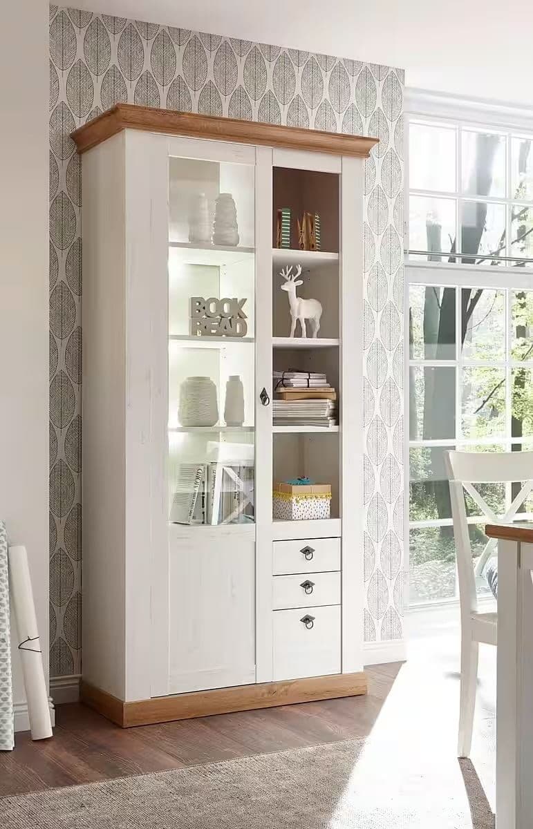 Vitrină modernă 102 cm lățime, culoare alb alpin, 1 ușă și 8 rafturi, 3 sertare, 10 compartimente, design înalt și spațios pentru depozitare și expunere în living