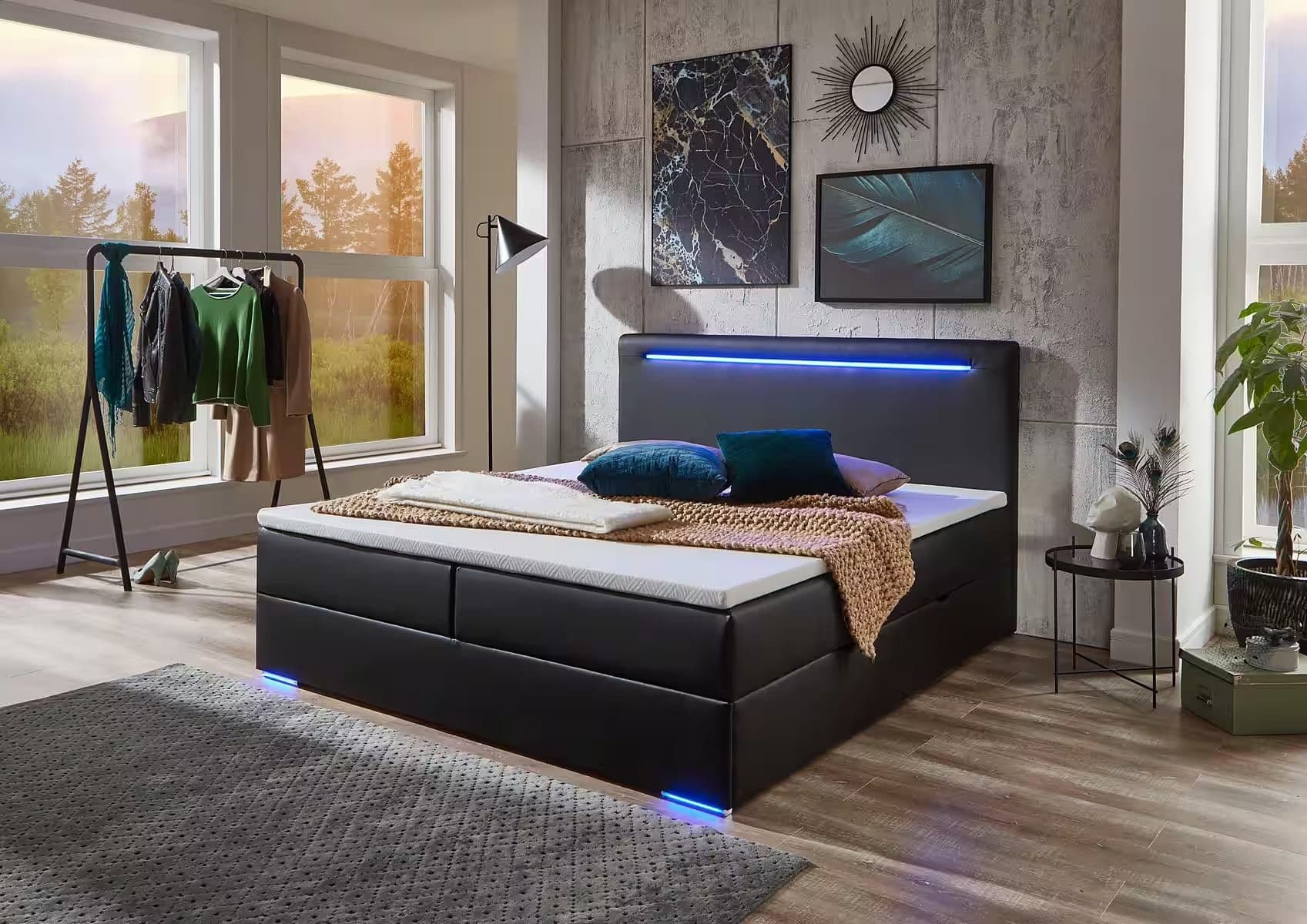 Boxspring 180×200 cm, lada de depozitare, saltele și topper inclus, material piele artificială, culoare neagră, cu LED-uri