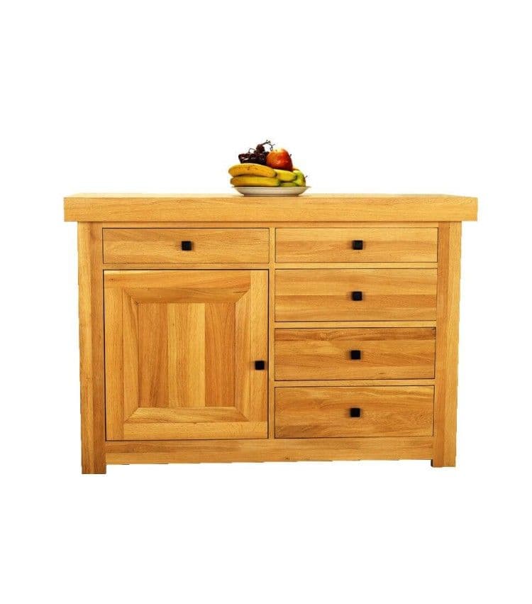 Bufet Abusson lemn masiv stejar, 1 ușă și 5 sertare, 132.8 x 49 x 91.2 cm