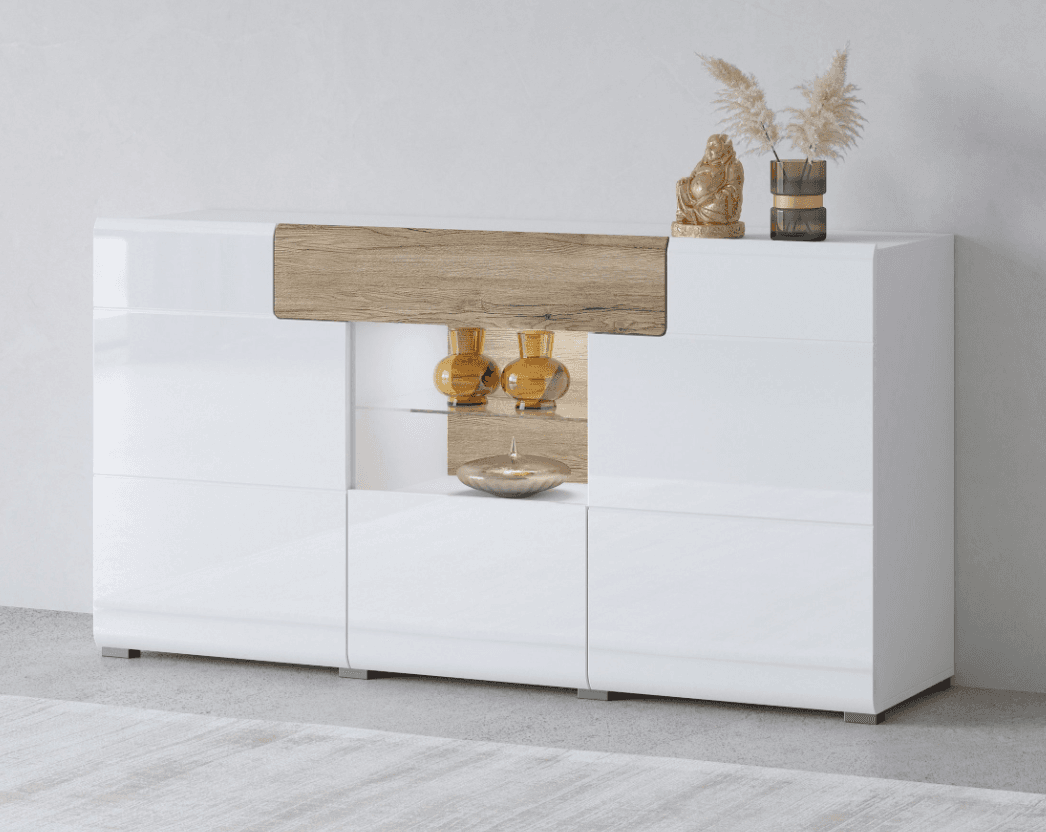 Bufet alb stejar 159 cm cu 3 uși, sertar, rafturi multiple și compartiment deschis, design modern pentru living sau dining, înălțime 83 cm