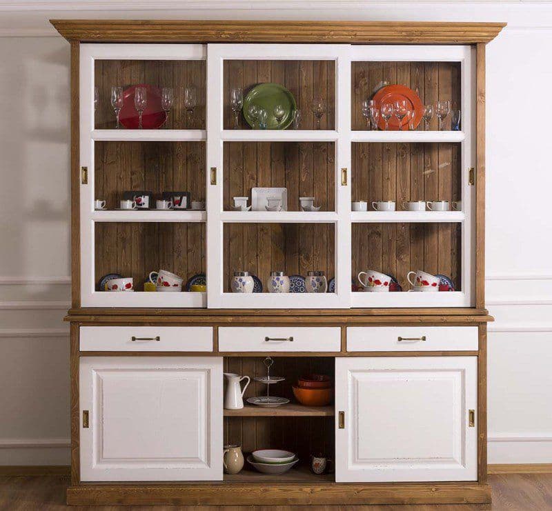 Bufet cu vitrina 6 usi culisante si 3 sertare lemn masiv, 206 x 53 x 219 cm