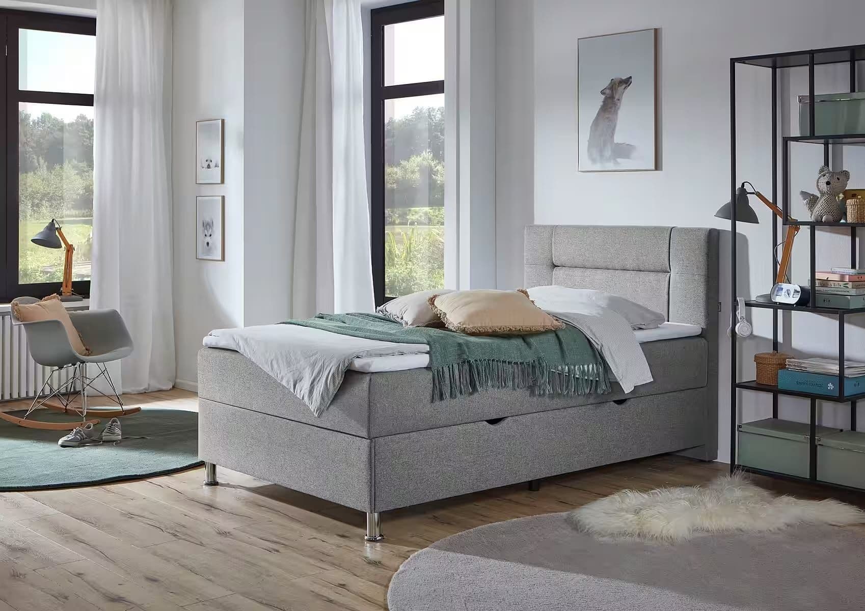 Boxspring 120×200 cm, lada de depozitare, saltea și topper, culoare gri, material țesătură fină, pe picioare