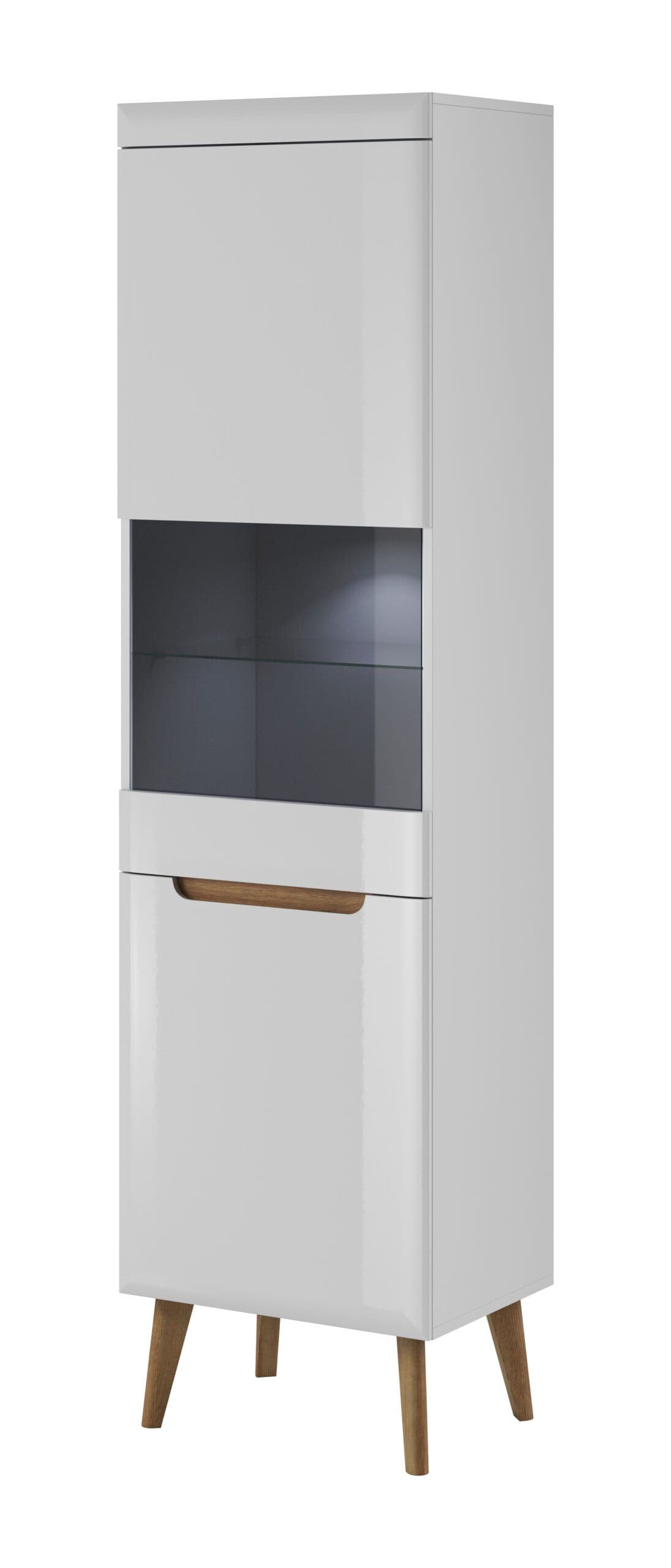 Vitrină living modernă 53 cm cu ușă din sticlă și rafturi, iluminare LED, MDF și PAL, alb lucios cu inserții stejar, picioare lemn masiv DOLOMITES
