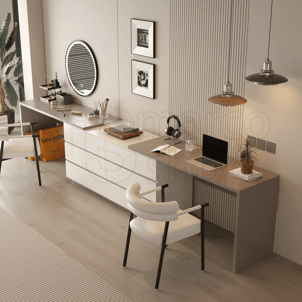 Birou modern M035 pentru 2 persoane, design minimalist si spatiu generos de depozitare
