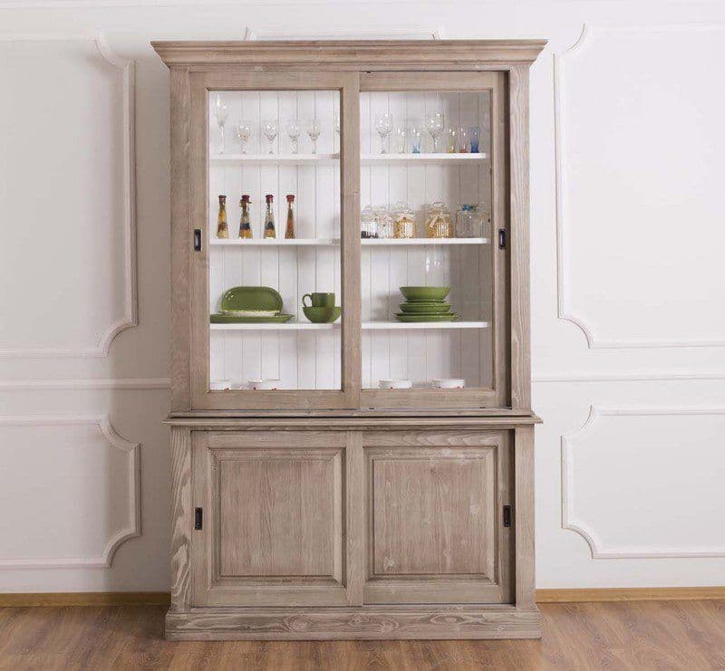 Bufet de bucatarie cu vitrina, 4 usi culisante, lemn masiv, 141 x 48 x 212 cm