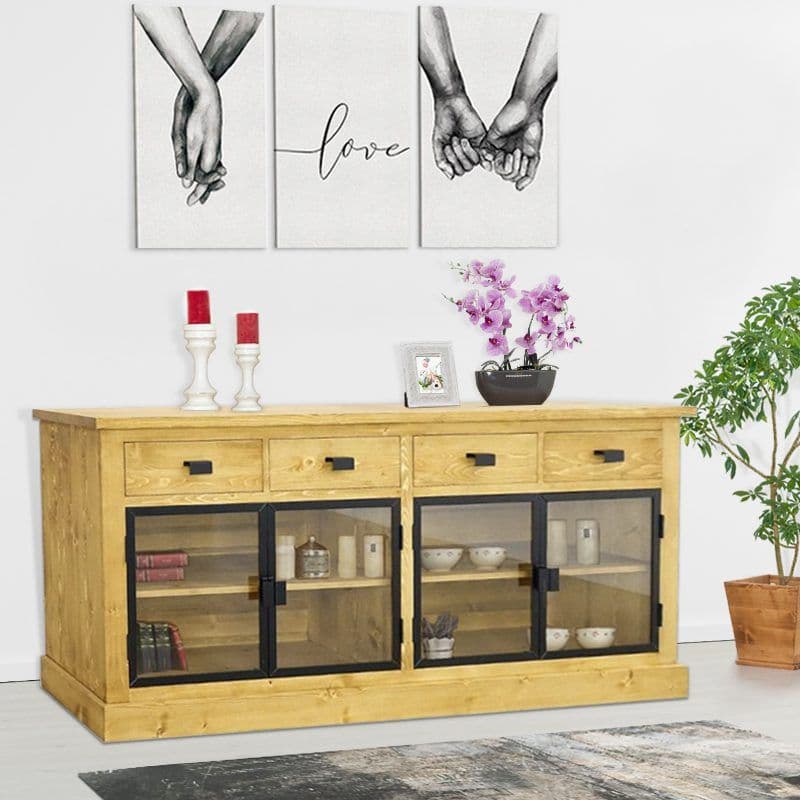 Bufet Industrial Wood, 4 usi sticla si 4 sertare, lemn masiv