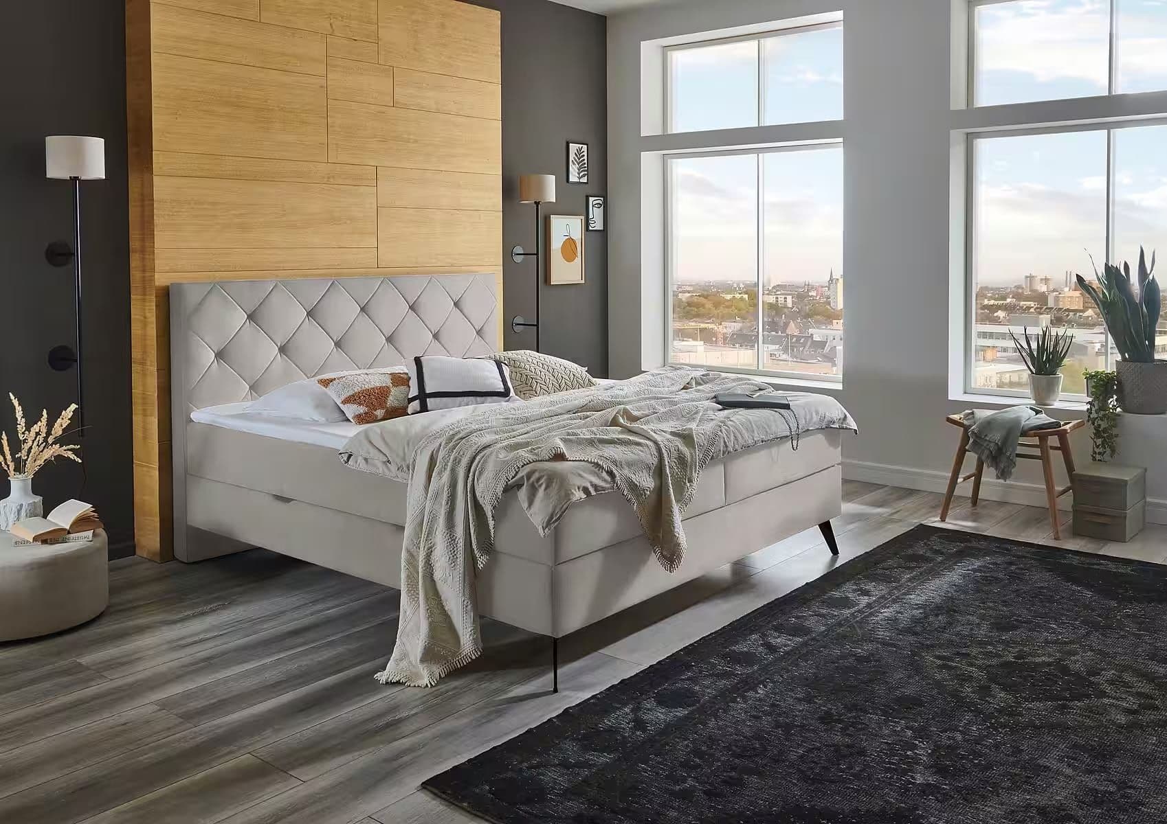 Boxspring 180×200 cm, lada de depozitare, saltele și topper inclus, material catifelat, culoare grej