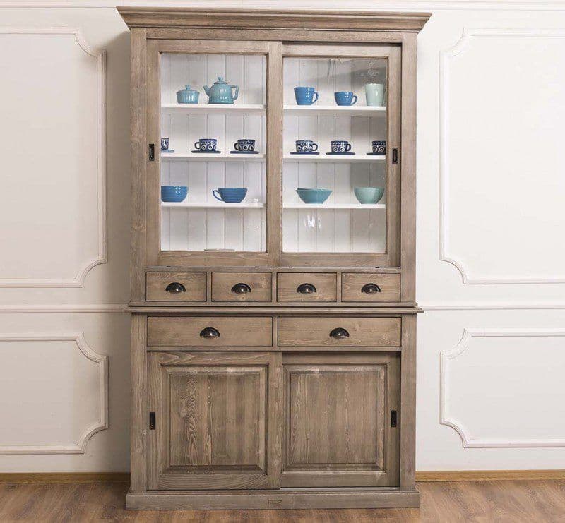 Bufet cu vitrina 4 usi culisante si 6 sertare lemn masiv, 142 x 48 x 225 cm