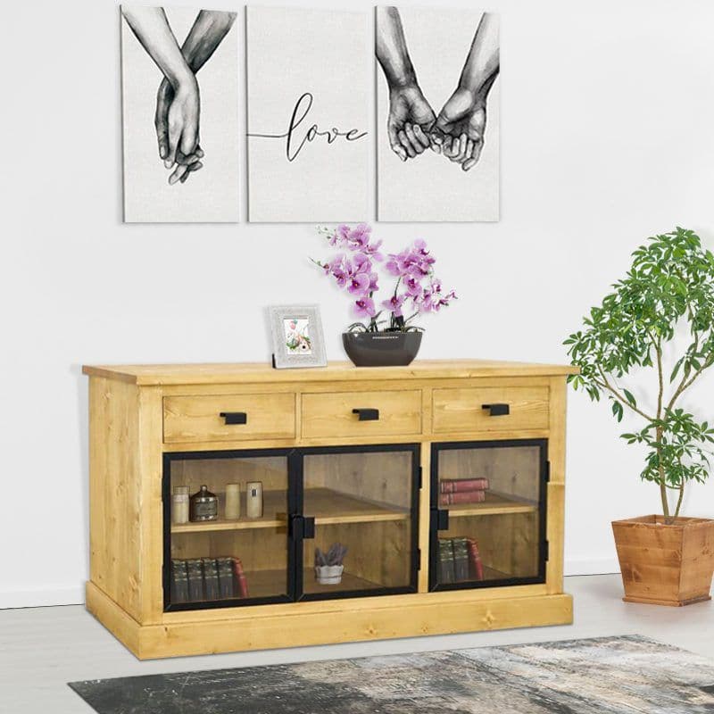 Bufet Industrial Wood 3 usi sticla si 3 sertare, lemn masiv