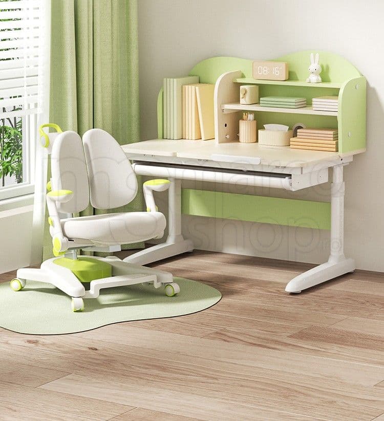 Birou ergonomic pentru copii si adolescenti cu ajustare pe inaltime, blat inclinabil si etajera multifunctionala, Verde pastel
