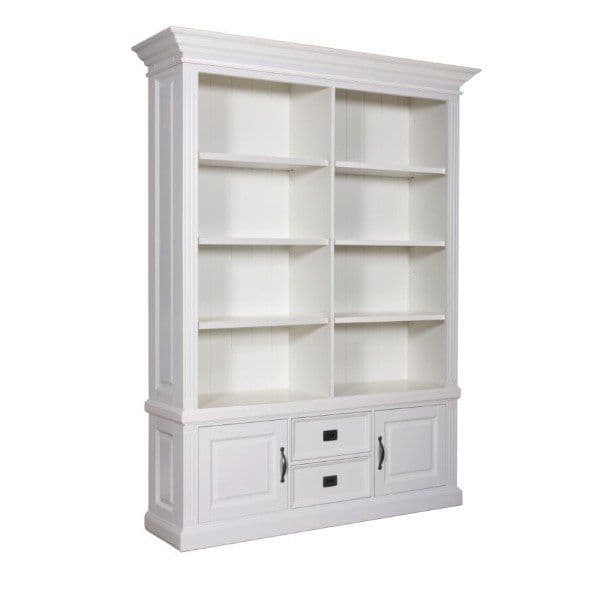 Biblioteca Lovely, 2 usi si 2 sertare, lemn masiv si mdf alb, 166 x 48 x 220 cm