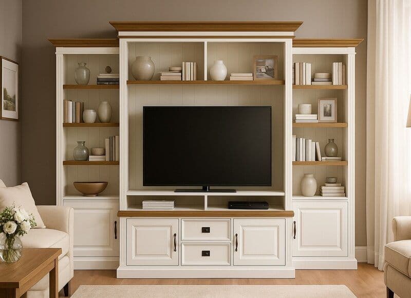 Biblioteca Lovely Oak cu spatiu TV si DVD, lemn masiv si mdf, 286 x 38/48 x 220 cm