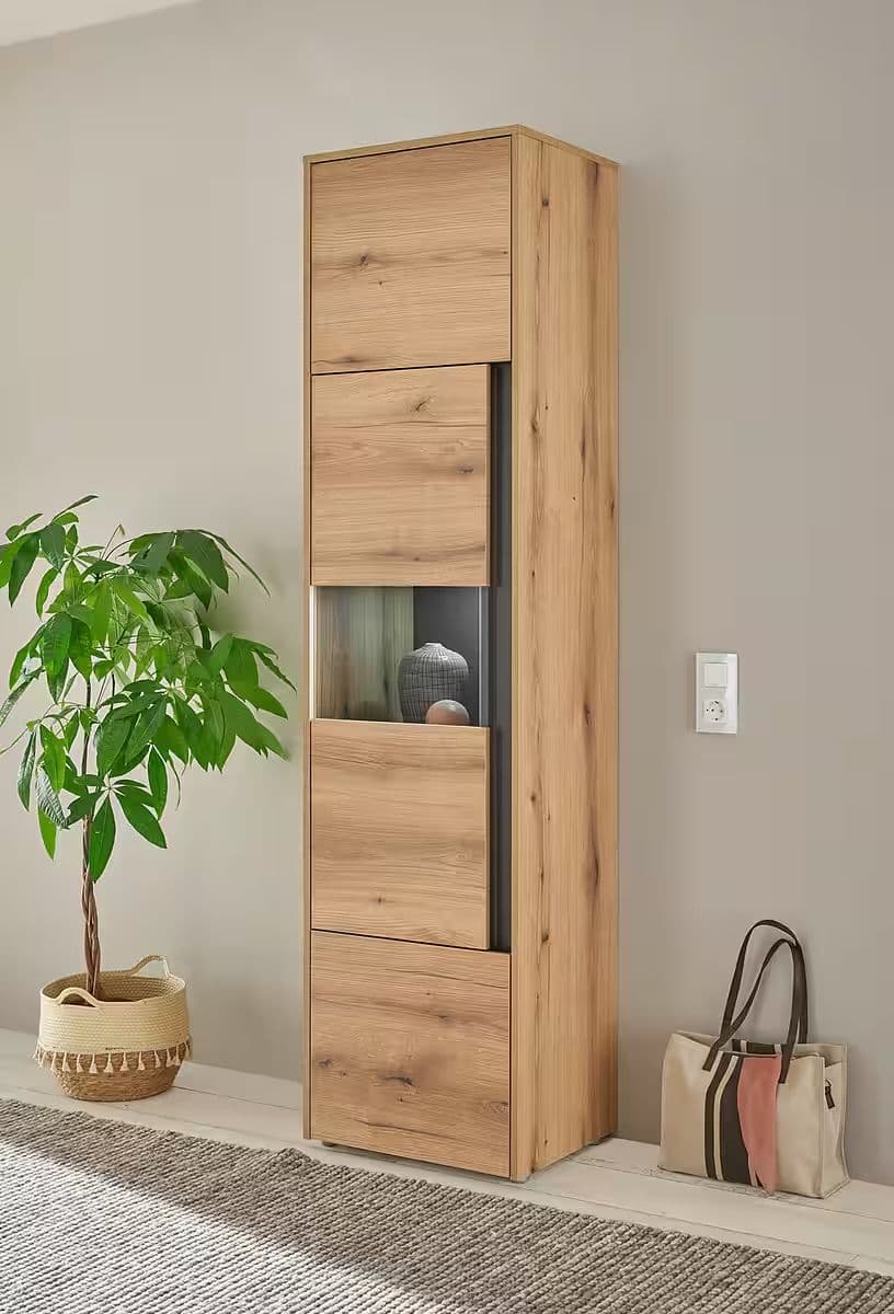 Vitrină modernă 50 cm lățime, culoare stejar, 197 cm înălțime, 3 uși și 4 rafturi, 5 compartimente, design clasic elegant pentru depozitare și expunere, model VEGAS